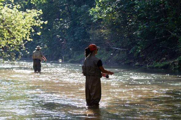 Two anglers fly fish in an Ozark stream